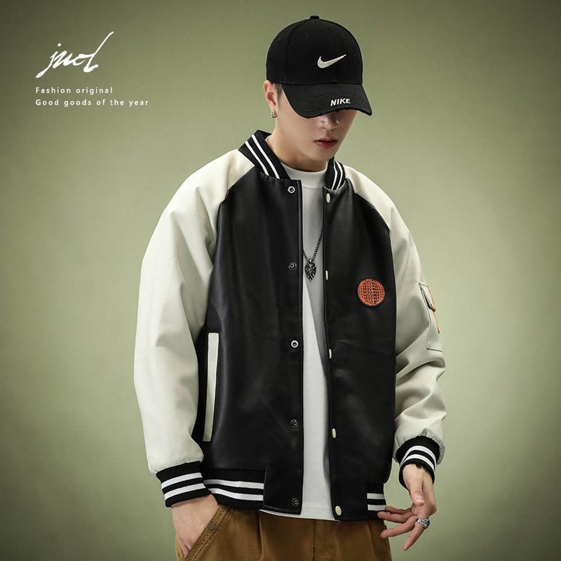 American Style PU Leather Baseball Suit Men's Spring and Autumn New Top Retro Loose Large Size Leather Aviator Embroidered Jacket