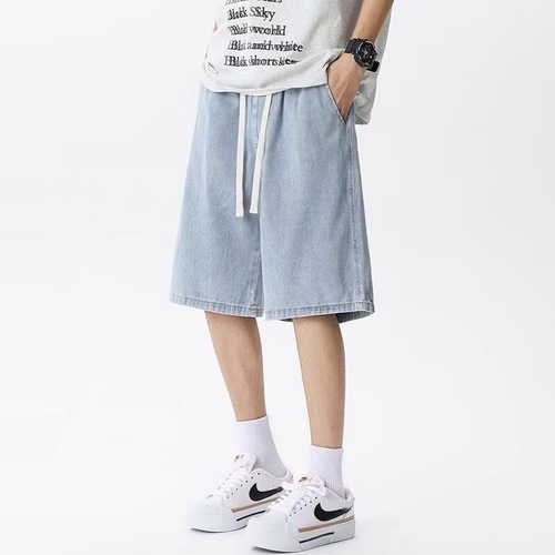 Men's Streetwear Denim Shorts with Hong Kong Style, Ins High Street, Loose Straight Leg, Casual Five-Pocket Pants for Youth Trend Brand