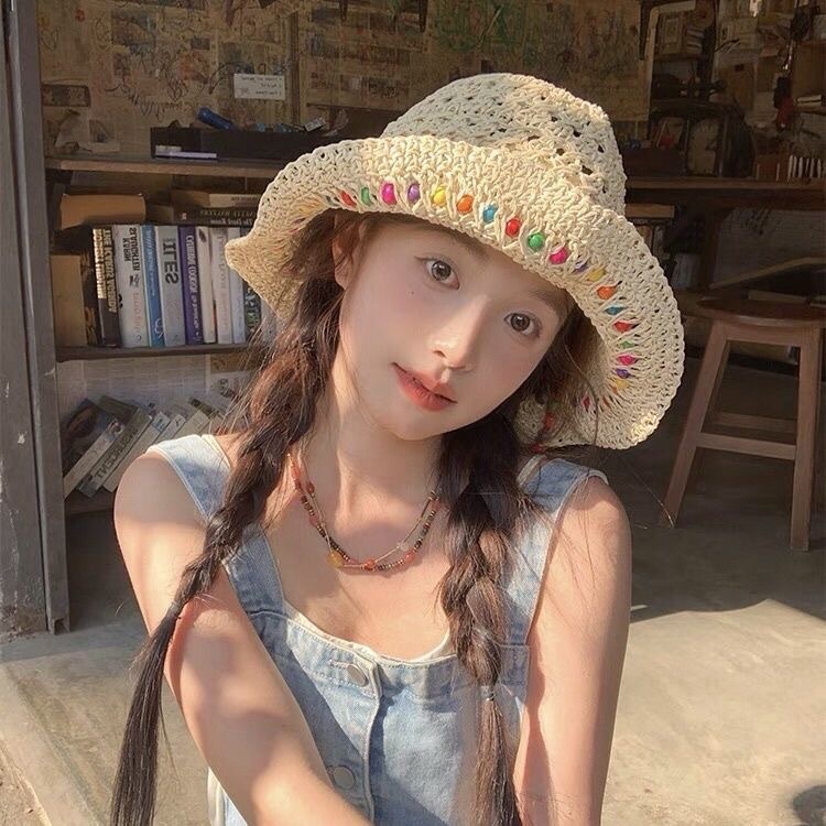 2025 新カラードーパミンヒョナ風編み麦わら帽子女性のカラフルな木製ビーズサンハット顔を小さくする海辺|undefined