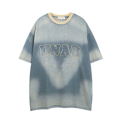 TKPA Original American Retro Street Letter Embroidery Denim Short-Sleeved T-Shirt for Men and Women – Oldschool Half-Sleeved T-Shirt