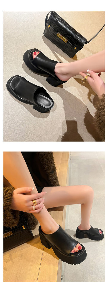 Dép sandal cao gót nữ hở mũi đế dày quai ngang gót vuông 9 cm — Màu đen, Màu trắng chi tiết 8