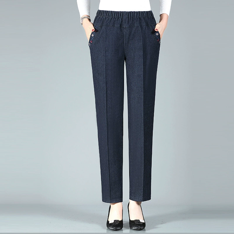 Мама весенние и осенние джинсы женские брюки среднего возраста с высокой талией плюс размер толстые женские брюки с вышивкой прямые брюки повседневные брюки