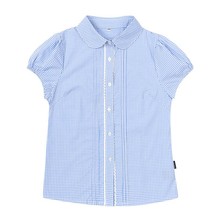 女童短袖蓝色双花边衬衫2023 夏季中大童班服女款小学生校服衬衣