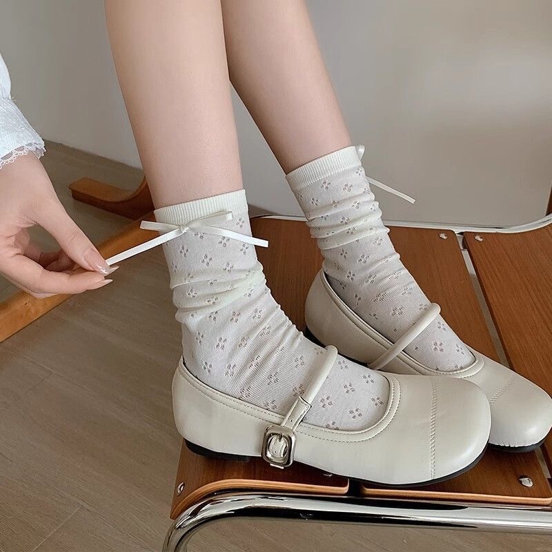 Ballet Style Ribbon Bow Socks for Women Summer Thin Mesh Breathable Cream Pile Socks with Mary Jane Shoes