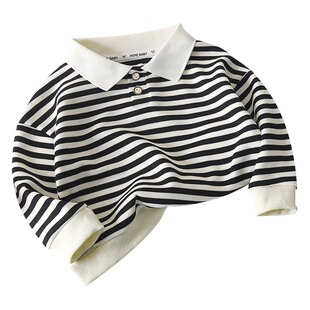 Children's long-sleeved striped polo shirt autumn and winter boys and girls western style shirt children's lapel bottoming shirt baby T-shirt