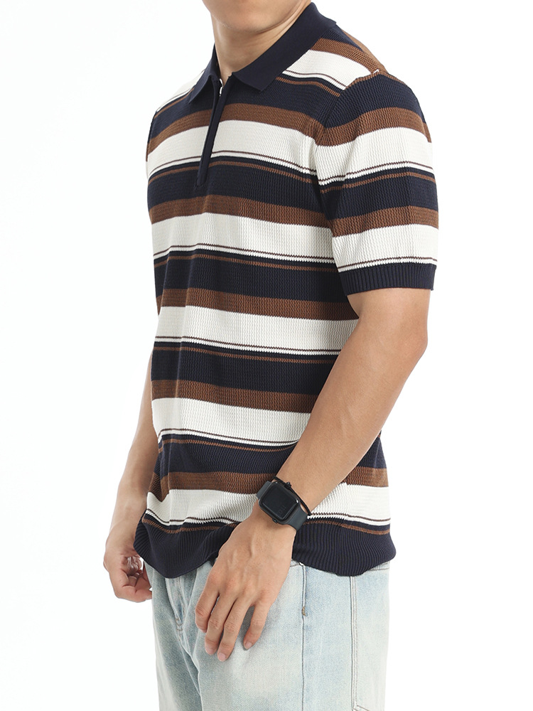 Cross-border 2026 verano hombre rayas hielo tejedido polo medio cremallera solapa camiseta de negocios de manga corta camiseta casual