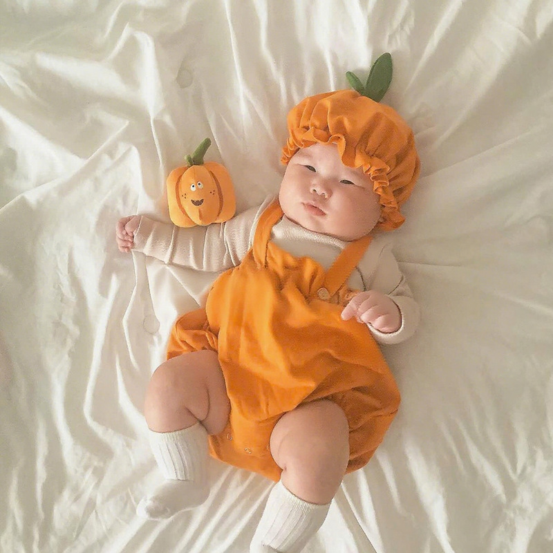 26 Autumn Korean Style Children's Overalls Ins Halloween Pumpkin Design Baby Crawling Suit Set Holiday Outing Romper