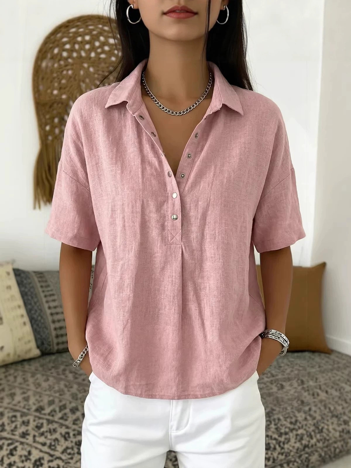 Europa y Estados Unidos transfronterizos Amazon estación independiente 2026 verano nuevo estilo de ropa de mujer comodidad con solapa de manga corta camisa sólida