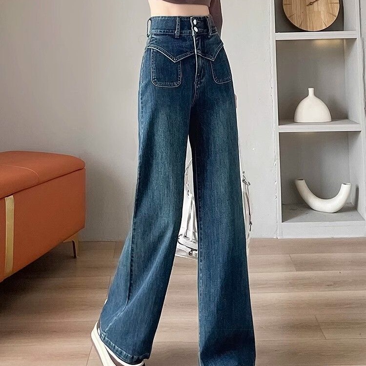 怀旧蓝直筒牛仔裤女早春2025新款高腰显瘦宽松修身秋装垂顺阔腿裤|undefined