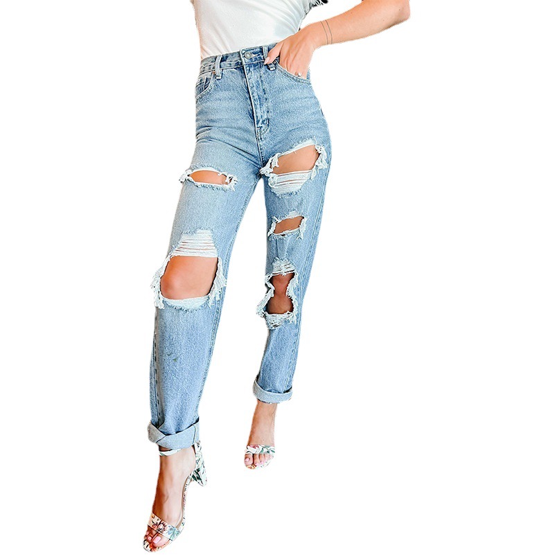 Fábrica directa Americana recta de las mujeres jeans cintura alta adelgazamiento 2022 nuevo comercio exterior europeo rasgado jeans