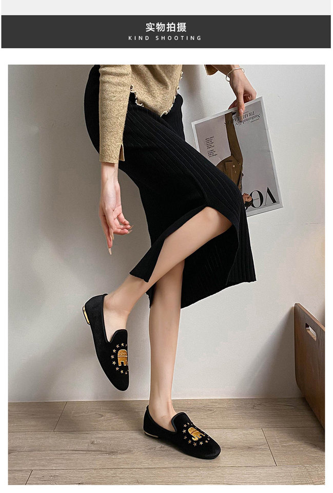 Giày lười nữ mũi tròn thêu tinh xảo chất liệu nhung, đế bằng mềm — Màu xanh lam (mặt trời và mặt trăng), Màu xanh lá, Màu đỏ (con voi), Xanh hải quân chi tiết 21