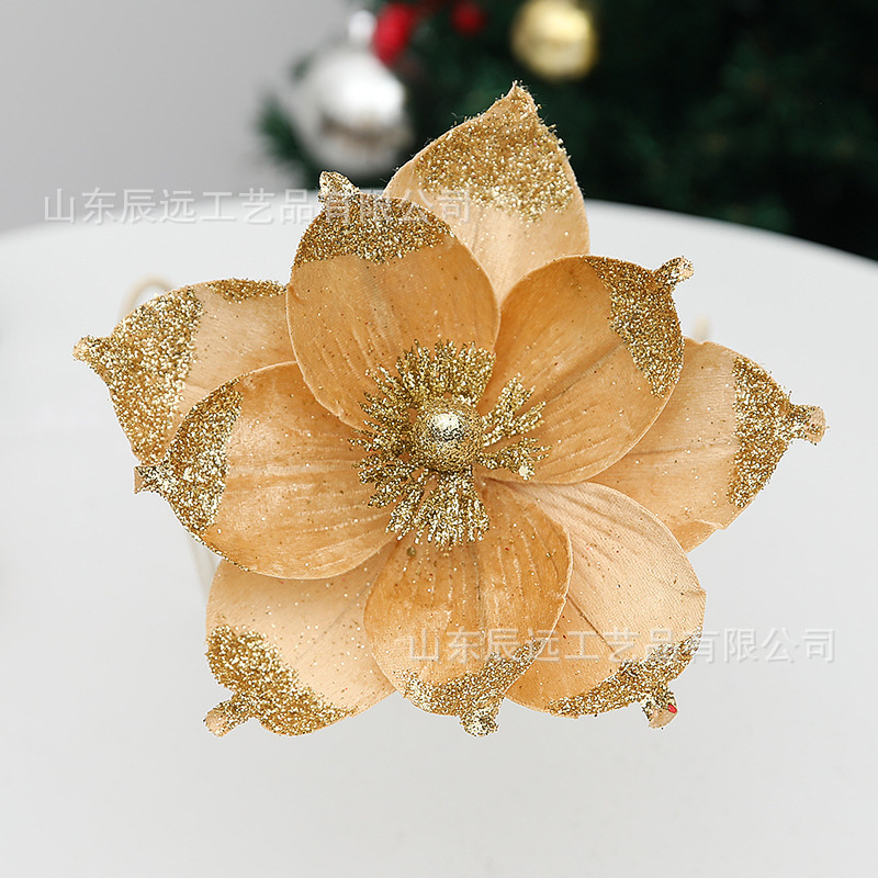 仿真花圣诞树家居装饰热卖圣诞花 金粉亮片9叶花瓣节日派对装饰品|undefined
