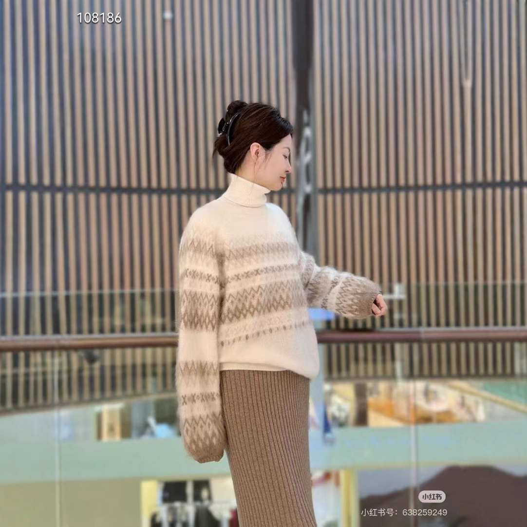 후베이 스타일 2024 겨울 새로운 라운드 넥 페어 섬 브러시 긴 소매 쉘 손 자수 풀오버 캐시미어 스웨터