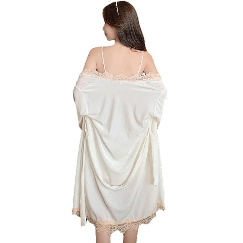 Otoño 2022 camisón de tirantes camisón de manga larga sexy traje de terciopelo dorado de dos piezas pijamas de encaje de mujer ropa para el hogar