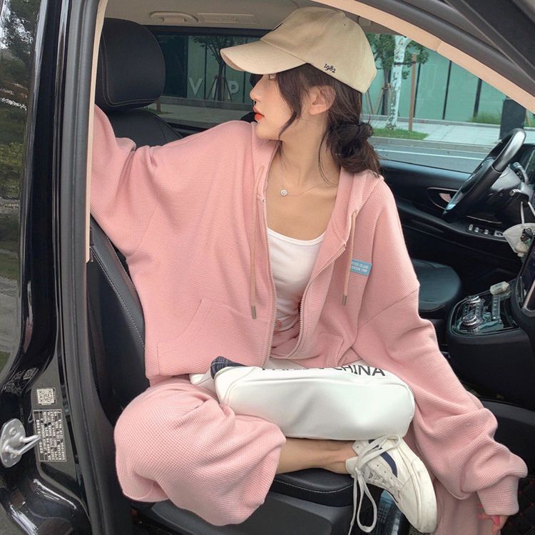847# waffle sports suit women's spring and autumn new students Korean version of loose fashion vests casual two-piece set