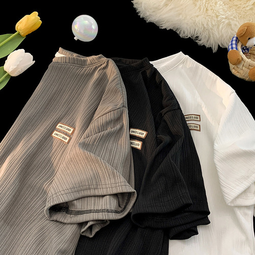 Simple and Breathable Ice Silk Striped Label Short Sleeve T-Shirt for Men - Summer Loose Simple Versatile Basic Crew Neck T-Shirt