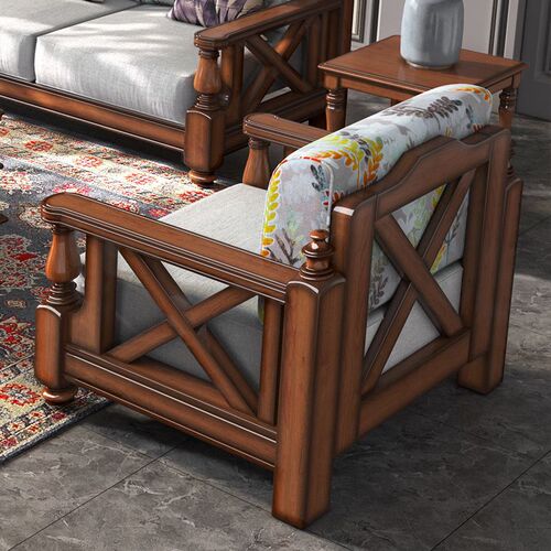 American country-style solid wood sofa with fabric decorations, small apartment living room retro furniture pastoral 123 combination three-seater sofa