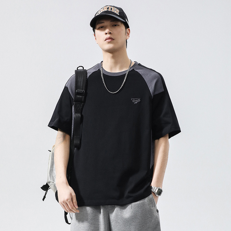 Men's summer new product splicing round neck short sleeved T-shirt men's loose color matching top_voghion.com