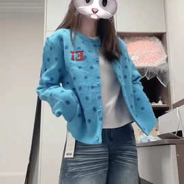 美式复古波点圆领开衫毛衣外套女早秋季短款软糯慵懒风针织衫上衣