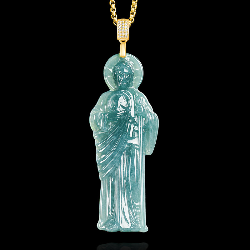 Natural A-Grade Jadeite Blue Water Saint Jude Pendant S925 Silver Pendant for Men and Women