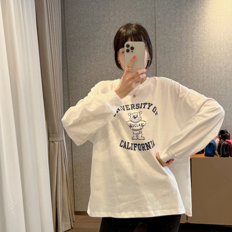重いポンドの純綿の長袖のtシャツの女性の春秋のゆったりしている潮のinsの原宿のbfの丸首の韓国版のファッションの風の上の服装|undefined