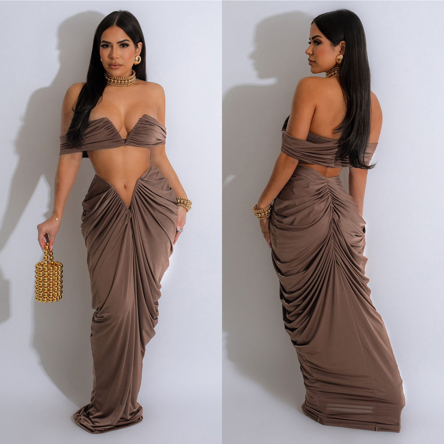 C6822 transfronterizo AliExpress Amazon ropa de mujer de moda europea y americana de color sólido sexy tubo superior Falda plisada conjunto de dos piezas image 4