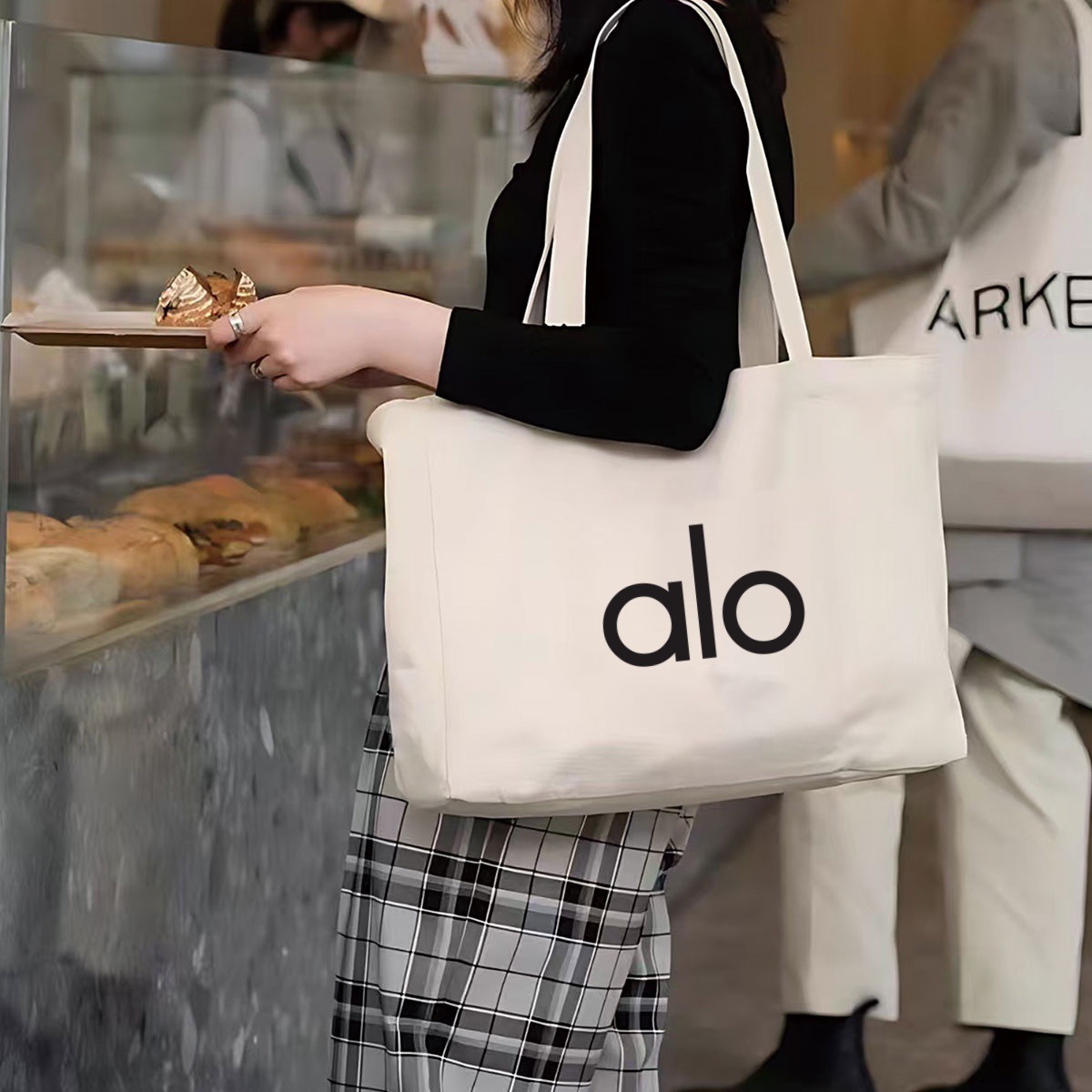 Alo Large Capacity Fitness Yoga Tote Bag For Women Casual Commute Mommy Pure Cotton Canvas Bag - Thumbnail 6