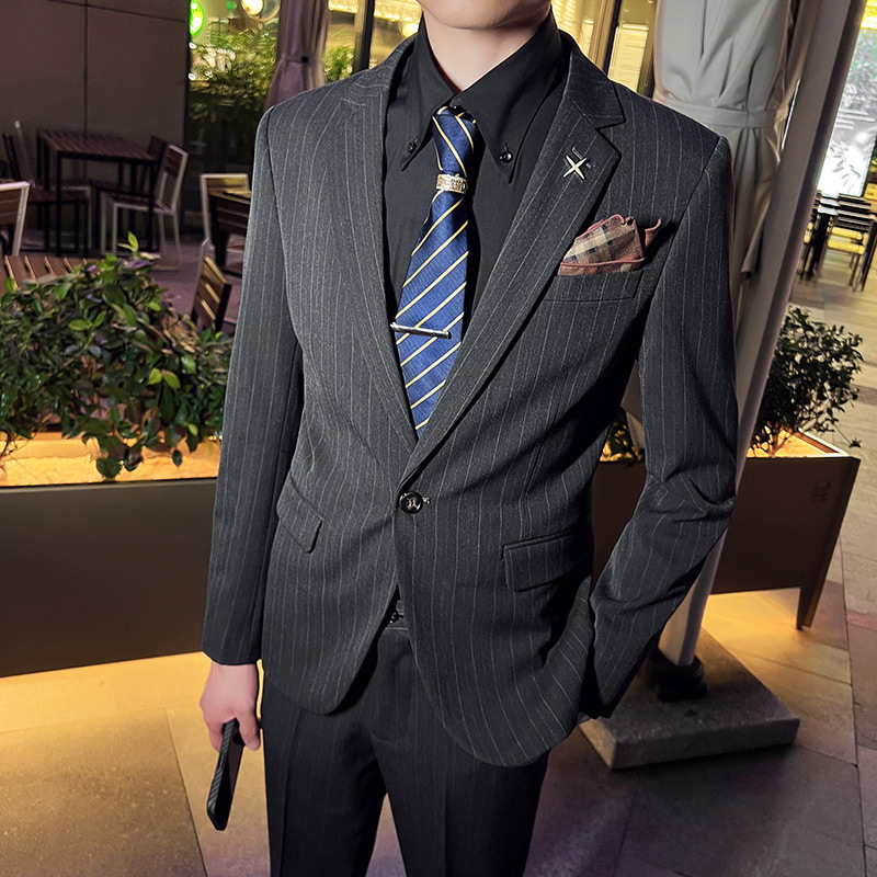 Foreign Trade Men's Two-Piece Suit Business Casual Striped Mother's Suit Groom's Dress One-Button Set