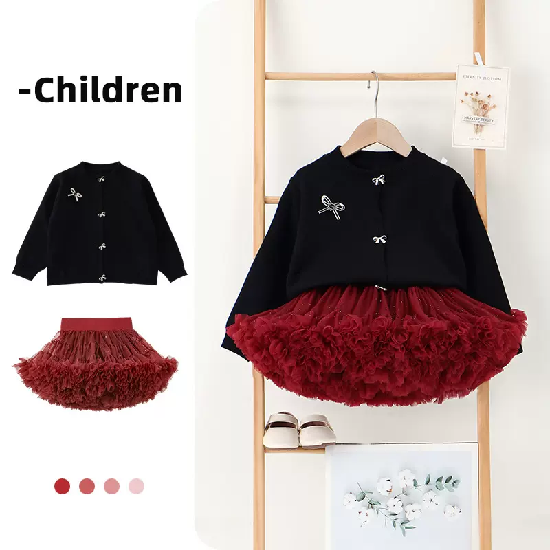 2025新款女童秋装洋气蝴蝶结针织毛衣开衫时髦tutu裙儿童两件套潮