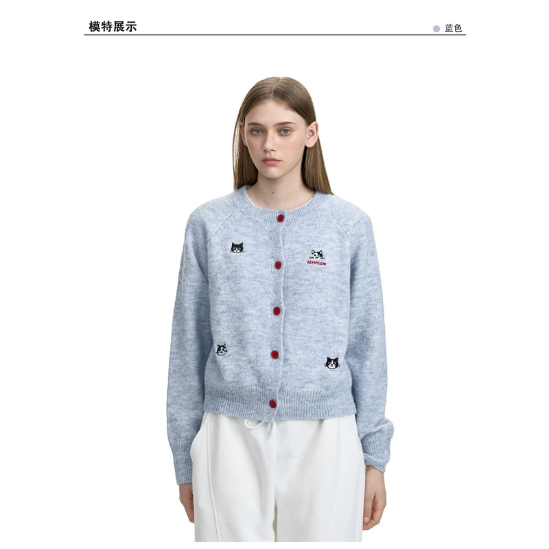 Colorful polka dot contrasting button embroidery short knit cardigan, sky blue cartoon jacquard design, fun round-neck sweater for women Colorful polka dot contrasting button embroidery short knit cardigan, sky blue cartoon jacquard design, fun round-neck sweater for women
