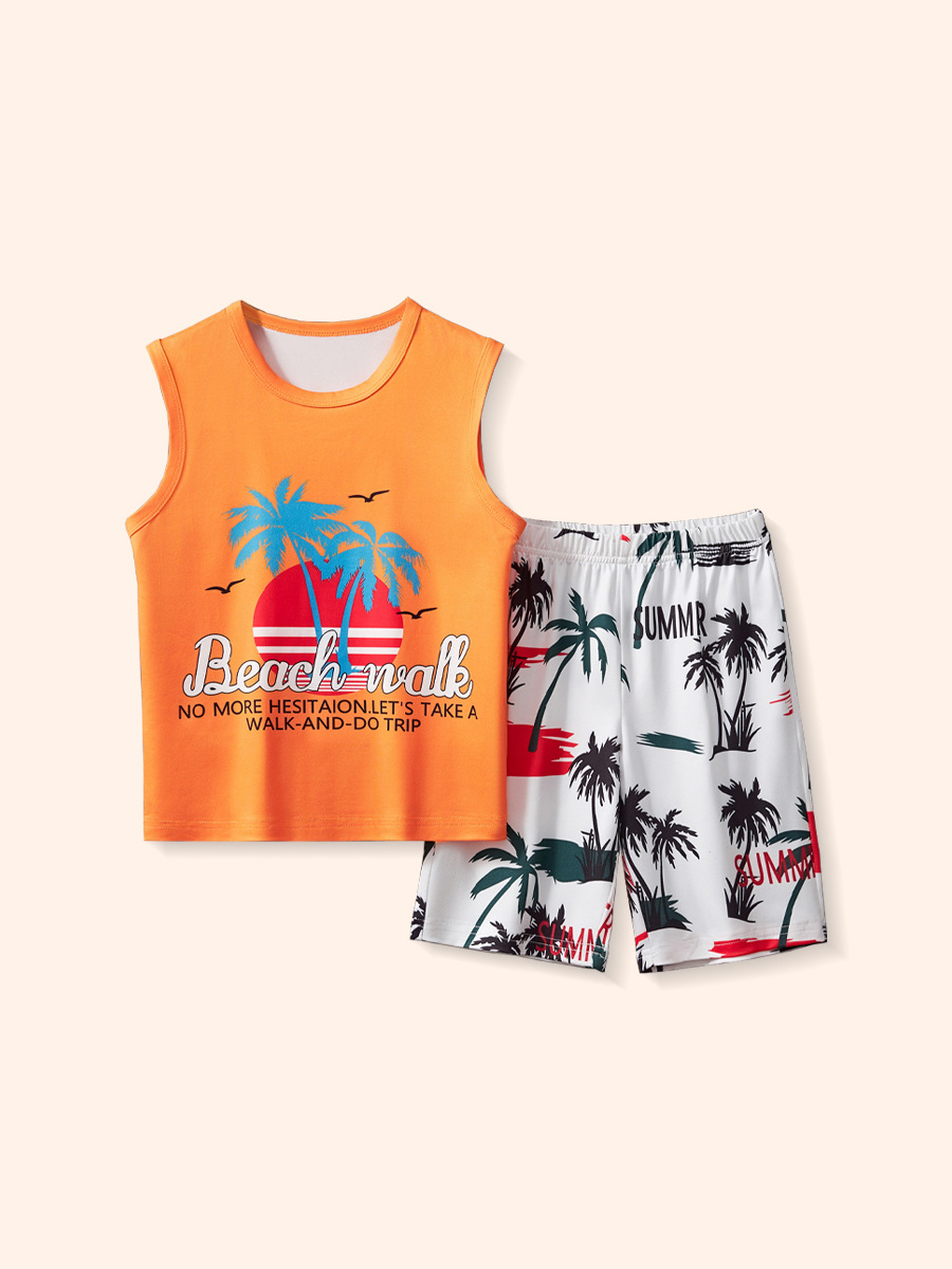 2025 verano nuevo estilo niños dibujos animados casual moda pantalones cortos sin mangas traje estampado de dos piezas para niños