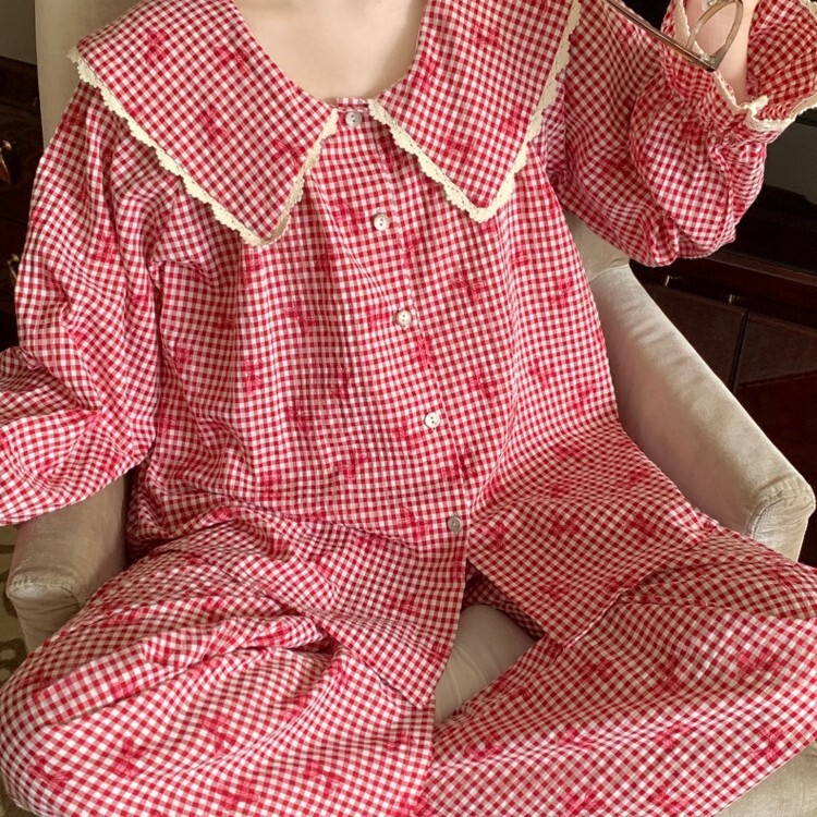 Pajamas for Women Spring and Autum 2025 New Cardigan Red Bow Plaid Doll Collar Long-Sleeved Home Wear Set
