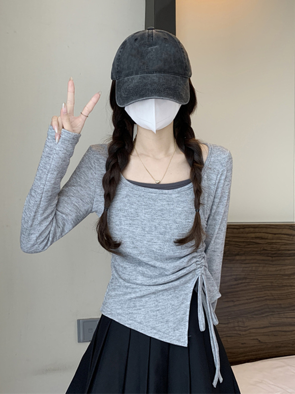 不规则假两件打底衫女早秋仿皮草内搭短款毛衣浅色miu小个子上衣|undefined