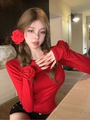 早秋新款修身顯瘦甜美設計感獨特上衣粉色花朵圓領長袖正肩T恤女