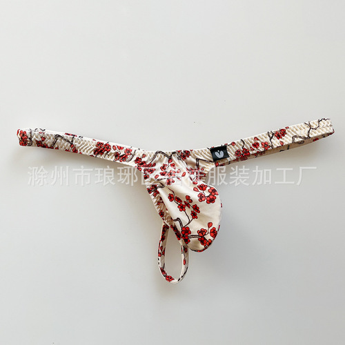Factory UQQMQQ High-Elastic Ice Silk Printed Men's T-Strap Briefs Sexy Underwear Cross-Border T-Pants 9501