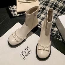 韩版时尚玛丽珍短靴女珍珠蝴蝶结高跟靴子2022新款圆头弹力瘦瘦靴