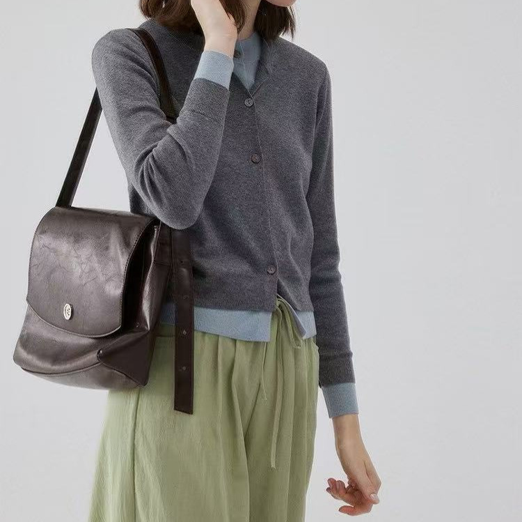 「Mustard Pie Vooe」Contrast Color Fake Two-Piece Age-Reducing Versatile Knitted Cardigan for Women 25 Autumn Casual Round Neck Top