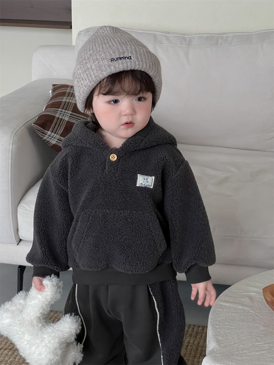 Ropa infantil de invierno con chaqueta encapuchada set de ropa infantil coreana engrosada otoño-invierno baby con dos piezas de lana set image 6