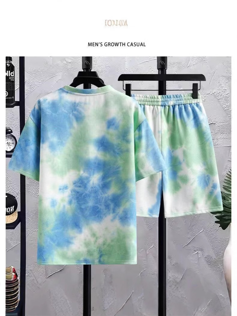 Camisas menos ropa deportiva set hombre de verano camiseta de mangas cortas camiseta de baloncesto casual coreano atado teñido pantalones cortos set de dos piezas