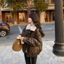 美式咖色复古PU皮长袖棉服外套女秋季羊翻领百搭百搭女夹克皮衣潮