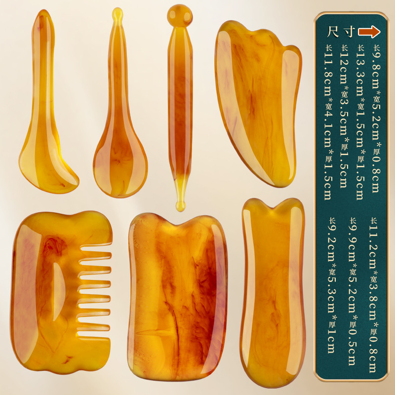 Peine de masaje cuatro en uno de resina real, tratamiento de cabeza de pulpo, peine de meridiano de dientes anchos, tabla raspadora en forma de corazón, barra de tendón de punto de acupuntura