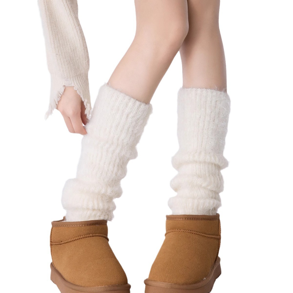 Scaldamuscoli Calzini Jk lavorati a maglia Calzini bianchi al polpaccio Coprigambe in peluche Calzini caldi in pile Lolita con filato di piume Calzini con stivali da neve_voghion.com