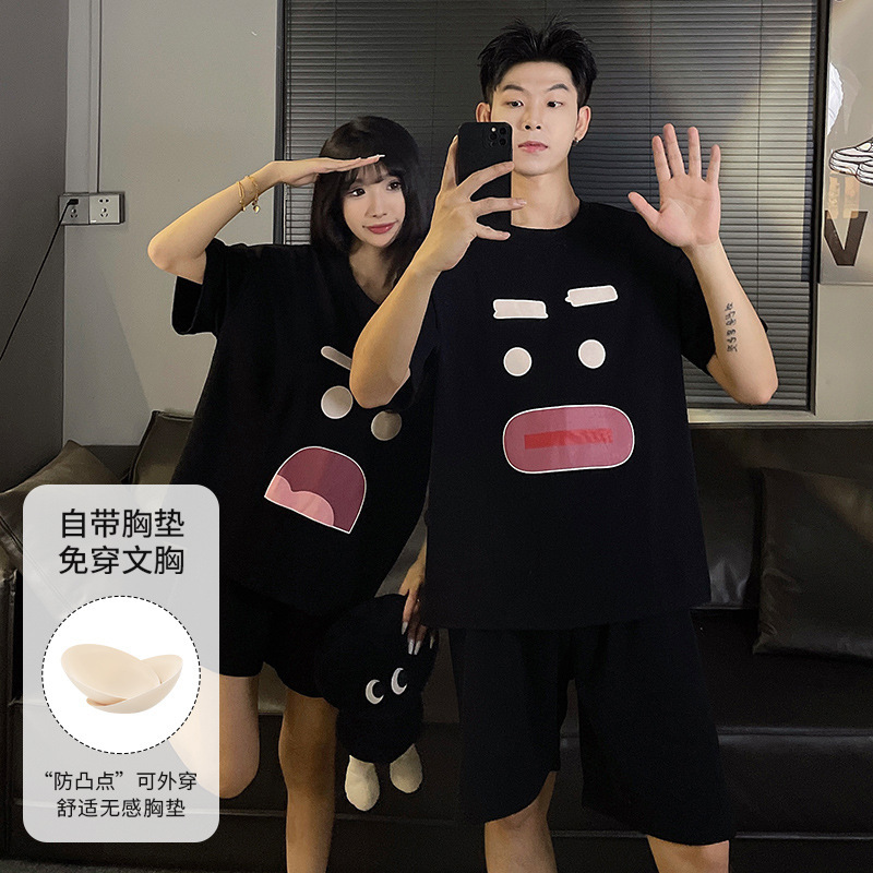 Couple Pajamas, Summer Cute with Chest Pads, One Man and One Woman Combination, Can Be Worn Outside, Thin Short-Sleeved Round Neck Home Clothes Couple Pajamas, Summer Cute with Chest Pads, One Man and One Woman Combination, Can Be Worn Outside, Thin Short-Sleeved Round Neck Home Clothes