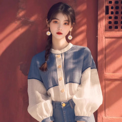 2025秋季新款撞色上衣小个子洋气宽松遮肚显瘦漂亮拼接立领衬衫