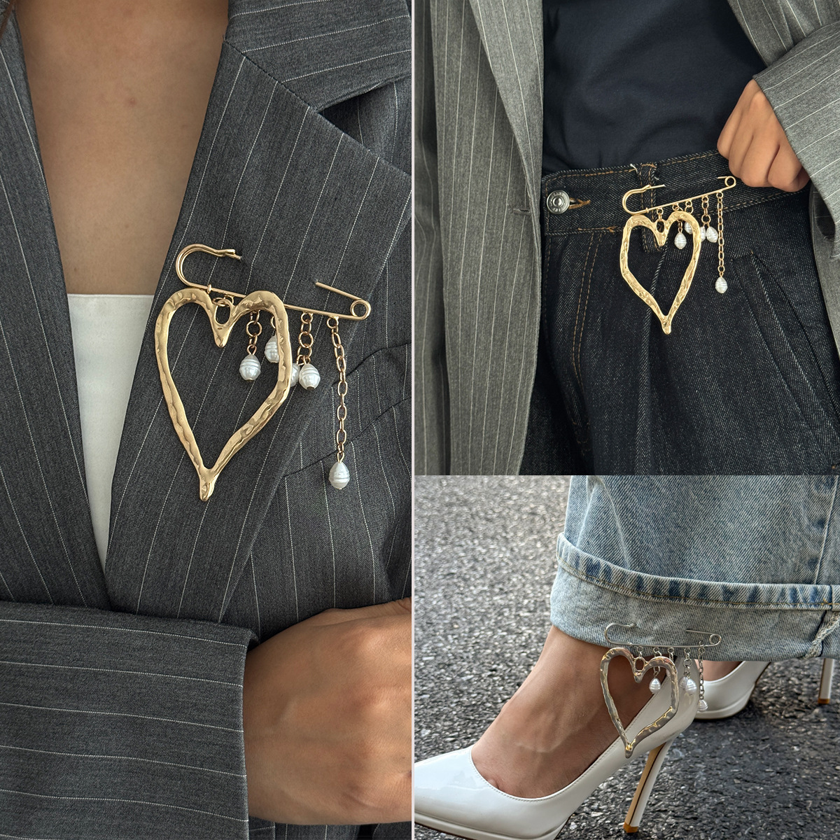 European and American Cross-Border Design Heart Pendant Suit Brooch Imitation Pearl Tassel Pin Waist Multifunctional Decoration