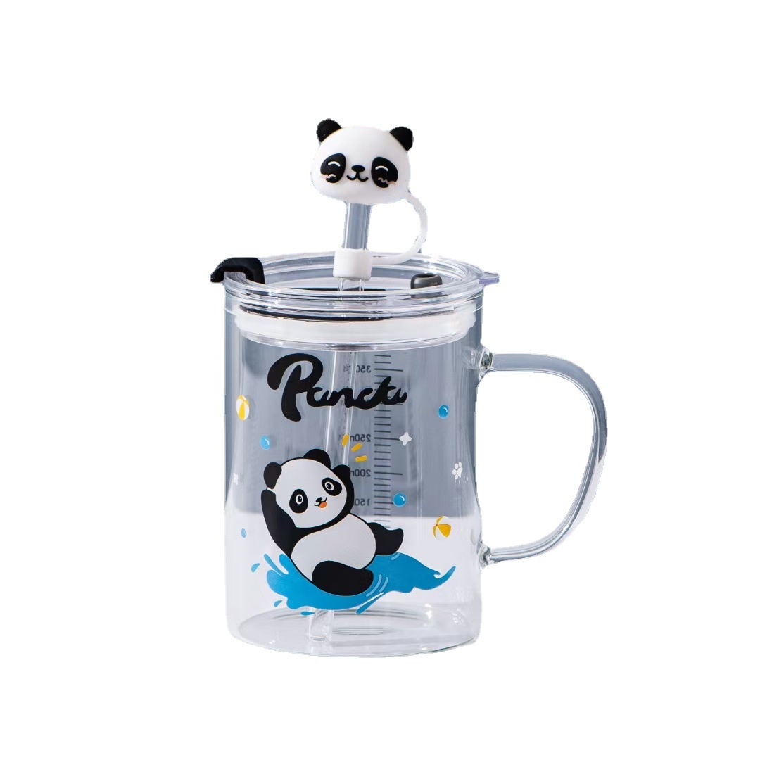 Creativo Panda de la historieta personalizada taza paja con tapa regalo escala vidrio Oficina simple beber