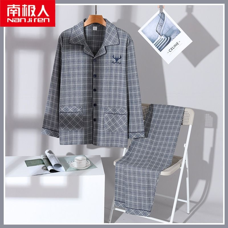 Pijamas de hombre primavera y otoño 100% algodón manga larga más tamaño fino Otoño e Invierno traje de desgaste para el hogar