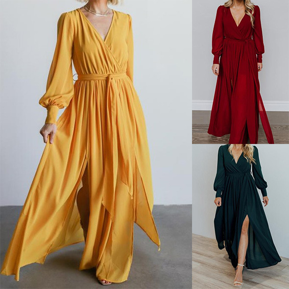 270408 foreign trade women's new olive banquet evening dress European and American V-neck large swing high waist split dress 270408 foreign trade women's new olive banquet evening dress European and American V-neck large swing high waist split dress