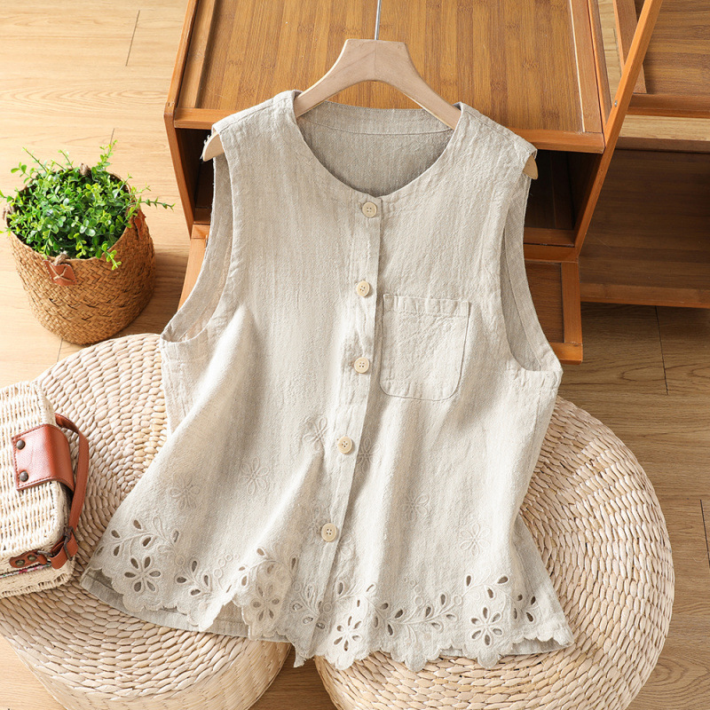 Real Shot of Vintage Linen Embroidered Vest for Women, New Summer Style, Artistic Heavy-Duty Hollow-Out Crochet Sleeveless Cardigan Vest Top