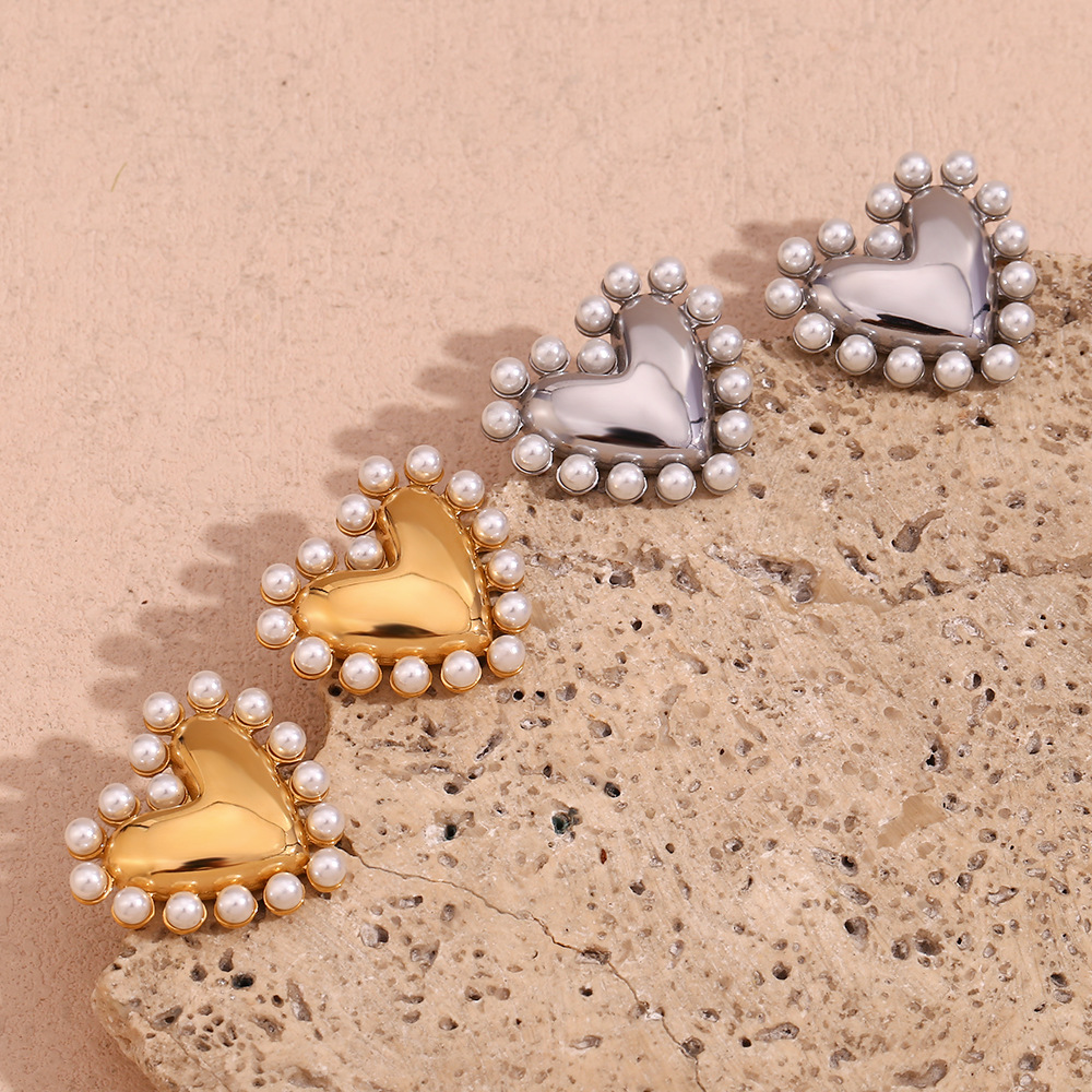 Stainless Steel Love Pearl Inlaid Earrings